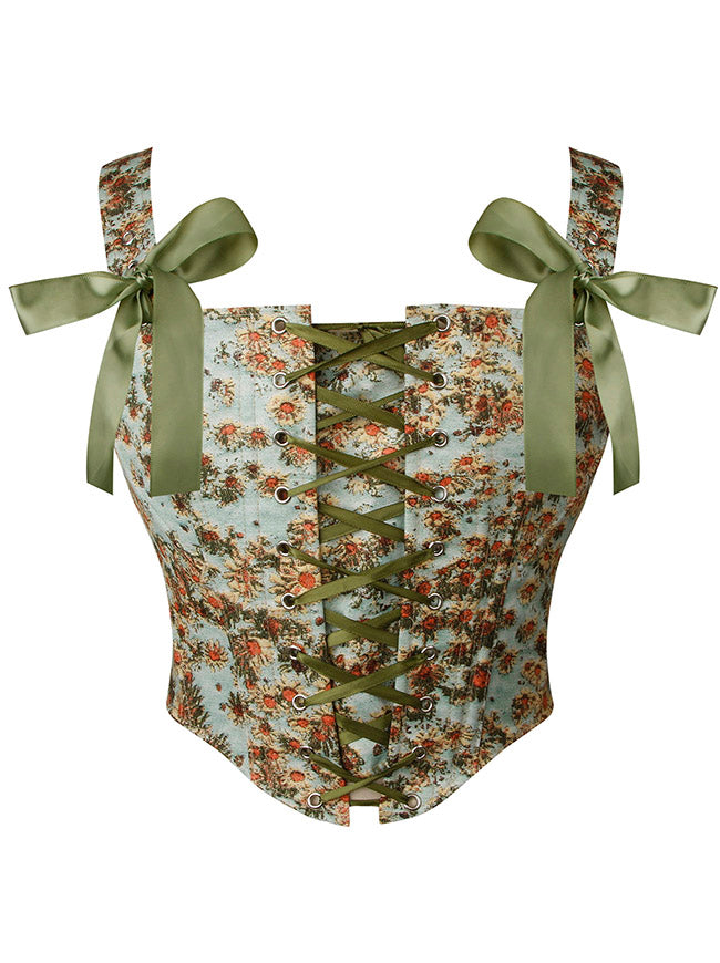 Charmian Women's Vintage Floral Front Tie Bustier Overbust Corset with Straps Green Main Image