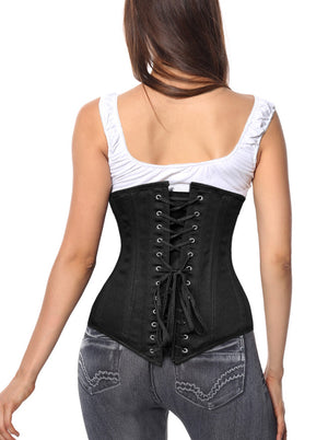 Women's Fashion 26 Steel Boned Cotton Long Torso Halloween Underbust Corset Black Back View