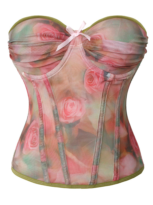 Vintage Romantic Floral Mesh Slimming Boned Overbust Push Up Corset Top