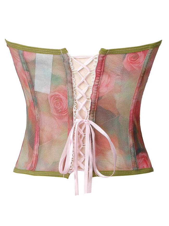 Elegantes Vintage-Hochzeitsoberteil aus transparentem Mesh mit Blumenmuster, Überbrustkorsett, Rückansicht