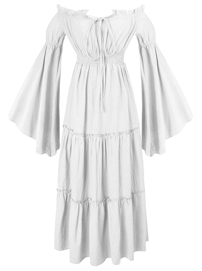Renaissance Medieval Off-Shoulder Smocked Peasant Dress with Long Sleeves Green / M / Fit Bust: 47.2