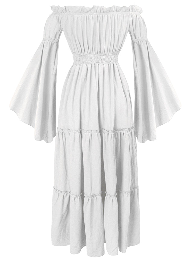Renaissance Medieval Off-Shoulder Smocked Peasant Dress with Long Sleeves Green / M / Fit Bust: 47.2