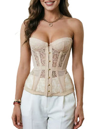 Charmian Women's Strapless Floral Sheer Lace Overlay Bustier Corset Top Beige Main Image