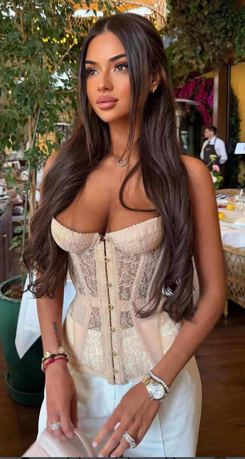 Women Strapless Sheer Lace Corset Bridal Bustier Top Model View