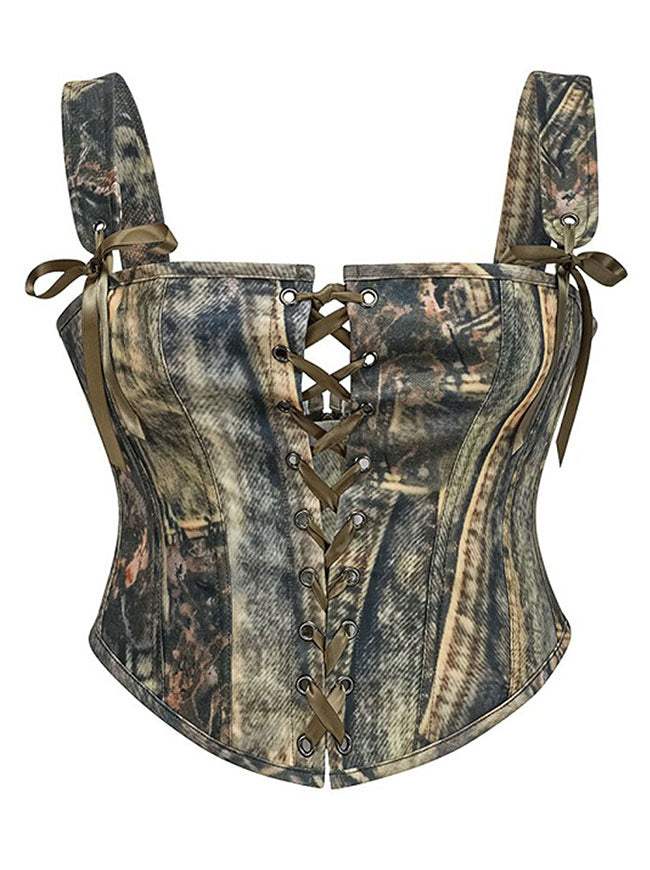 Charmian Women's Y2K Streetwear Camouflage Lace-Up Front Bustier Corset Top with Straps Green Main Image