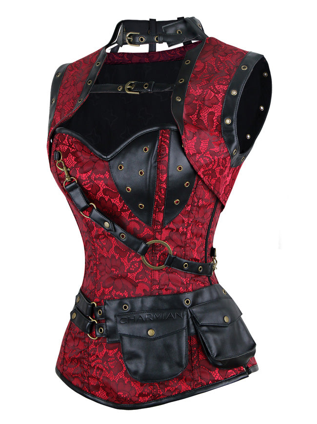 Steampunk Rot Renaissance Billig Punk Goth Gürtel Stahl Entbeint Overbust Halloween Korsett Top Seitenansicht