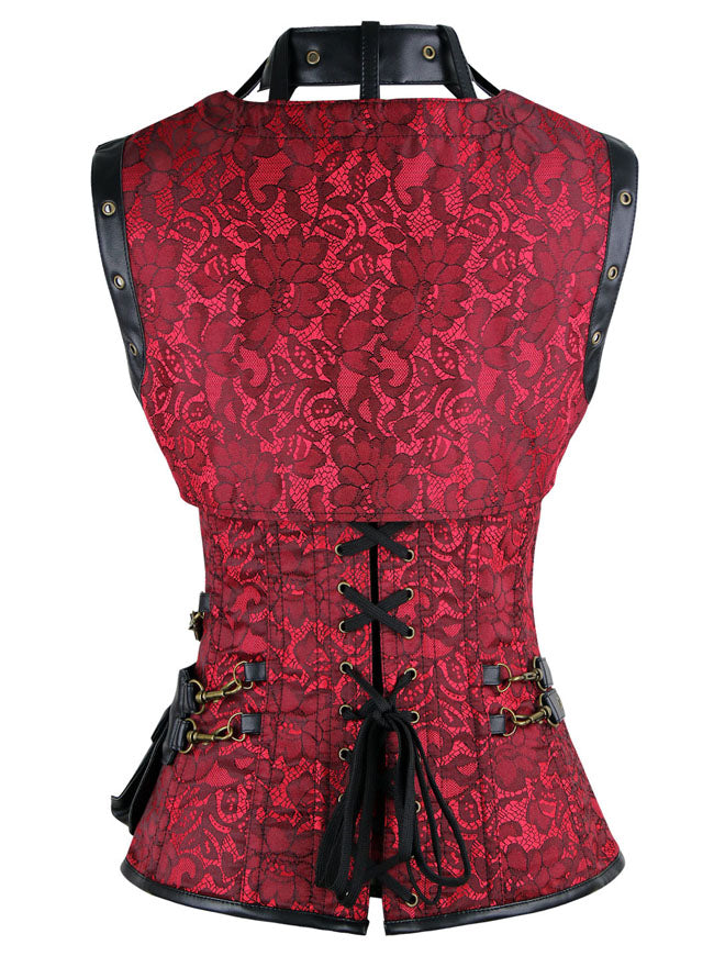 Steampunk Damen Punk Kurzer Torso Goth Rock Stahlstäbchen Viktorianische Jacke Rot Burlesque Korsett Rückansicht