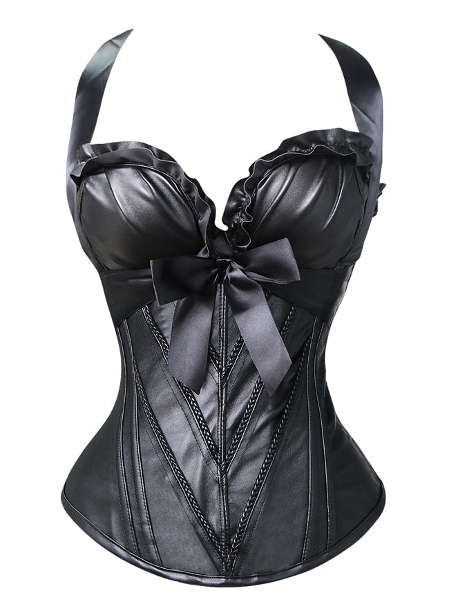 Fermuarlı Dəri ilə Burlesque Vintage Moda Klassik Dəri Halter Bustier Korset Üstü