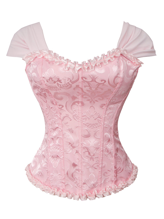 Corsé de mujer de estilo victoriano vintage con mangas cortas de brocado con volantes, cierre de cordones y cremallera, color rosa. Imagen principal.