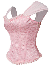 Corsé elegante rosa con volantes y cremallera lateral, estilo victoriano, vista trasera.