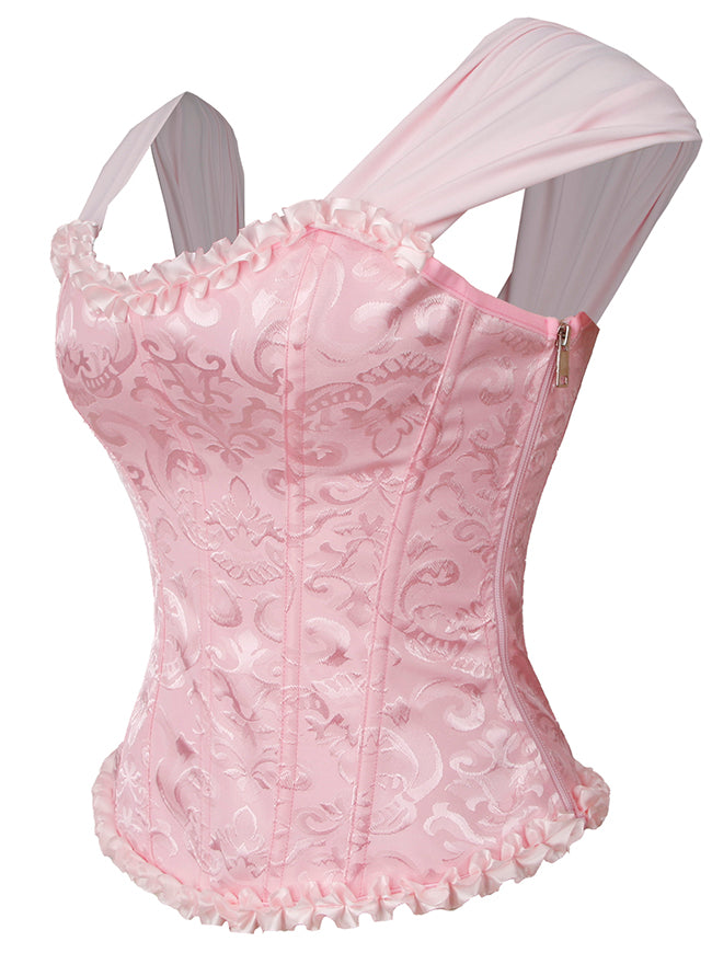 Corsé elegante rosa con volantes y cremallera lateral, estilo victoriano, vista trasera.
