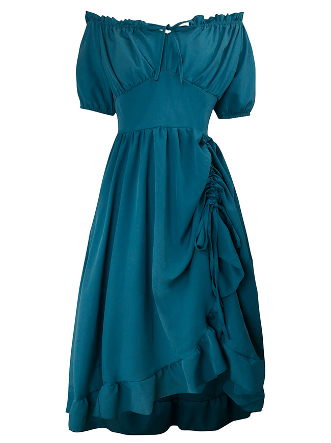 off shoulder drawstring dress Summer Boho Dress for Women Off Shoulder Short Sleeve Pleated Drawstring Flowy Casual Maxi Dress,Khaki,Small