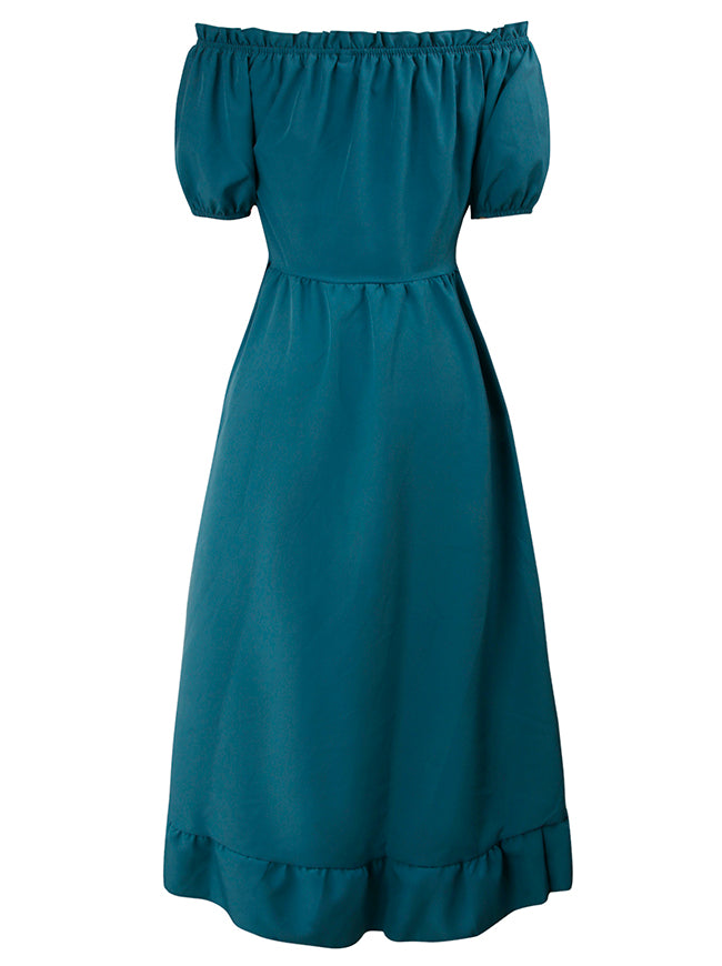 Renaissance Off-Shoulder Ruffle Drawstring Midi Costume Dress Blue / 2XL/Fit Bust: 40.9