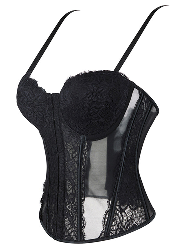 Floral Black Lace Tank Top Sheer Corset Tops Back View