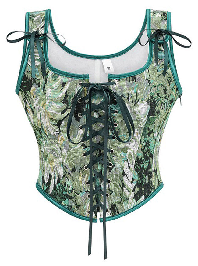Charmian Women's Vintage Renaissance Floral Corset Top Front Lace-Up Bustier Bodice Green Main Image