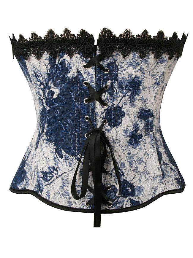 Elegant Overbust Lace Up Retro Blue Tank Top Ren Faire Bustier Corset Back View