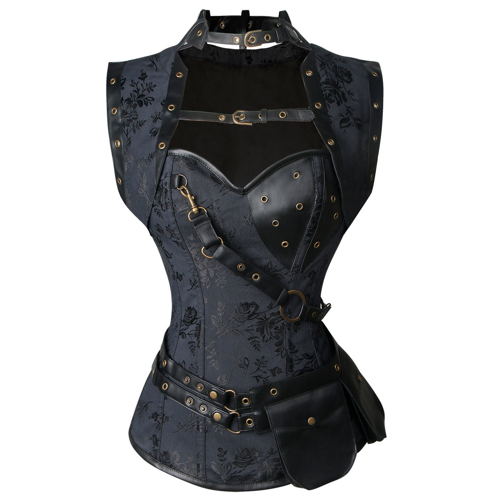 Women's Goth Steel Boned Brocade Bustiers Corset with Jacket and Belt Main View