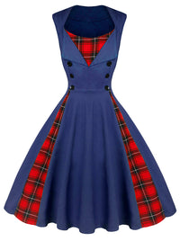 Killreal Damen 1950er Jahre Stil Retro Vintage Rockabilly Kleid mit Karo-Patchwork Blau Kariert Hauptbild