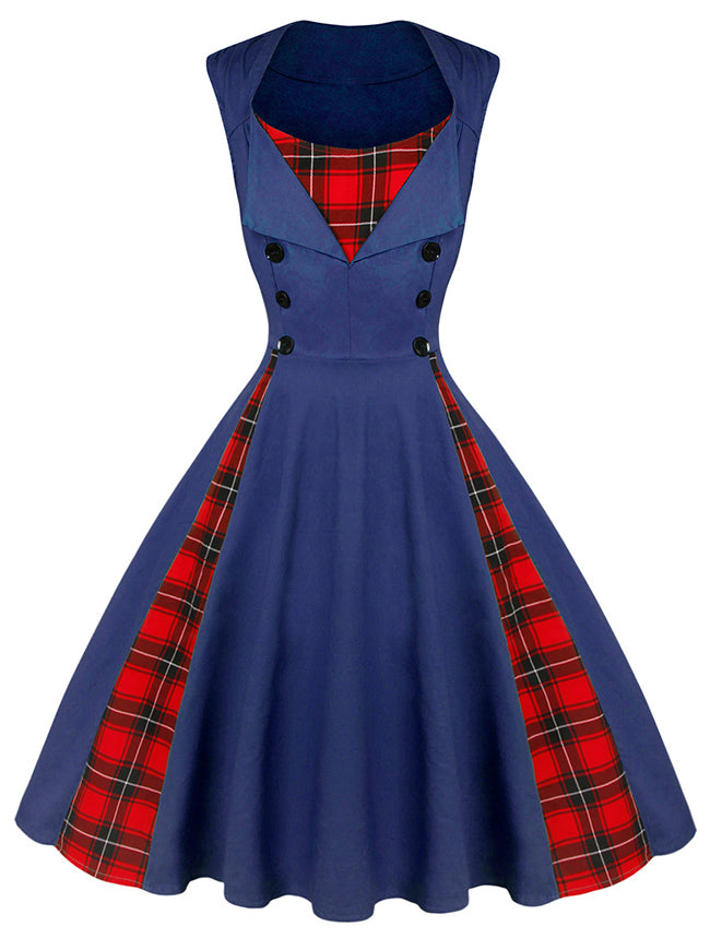Killreal Damen 1950er Jahre Stil Retro Vintage Rockabilly Kleid mit Karo-Patchwork Blau Kariert Hauptbild