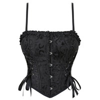 Charmian Women's Vintage Brocade Ruffle Trim Lace-Up Corset Top with Adjustable Straps Black Main Image