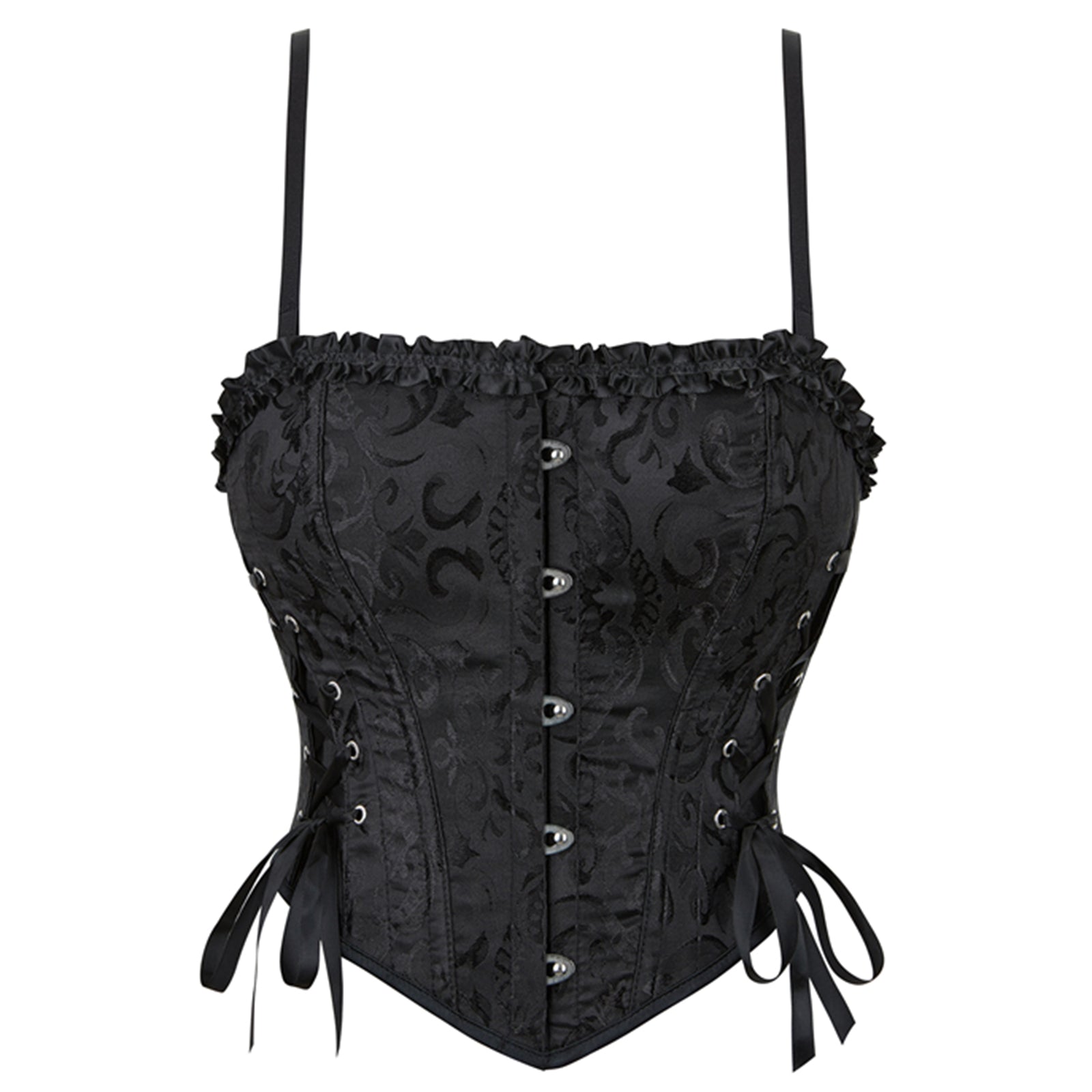 Charmian Women's Vintage Brocade Ruffle Trim Lace-Up Corset Top with Adjustable Straps Black Main Image