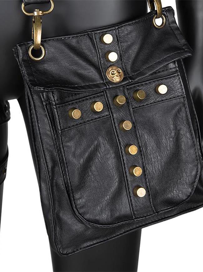 Women Black Faux Leather Belt Bag Pirate Bag Detail View