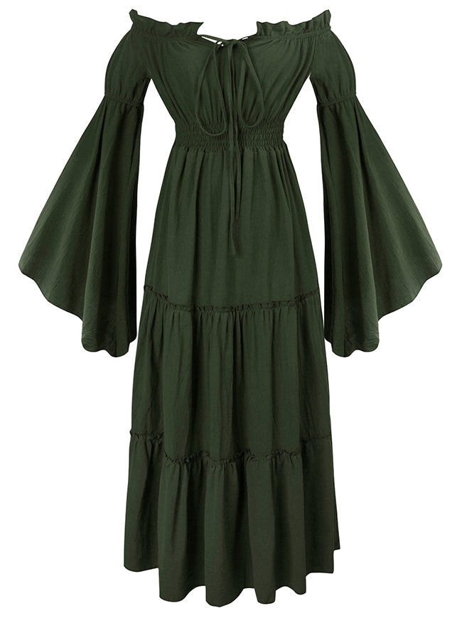 Renaissance Medieval Off-Shoulder Smocked Peasant Dress with Long Sleeves