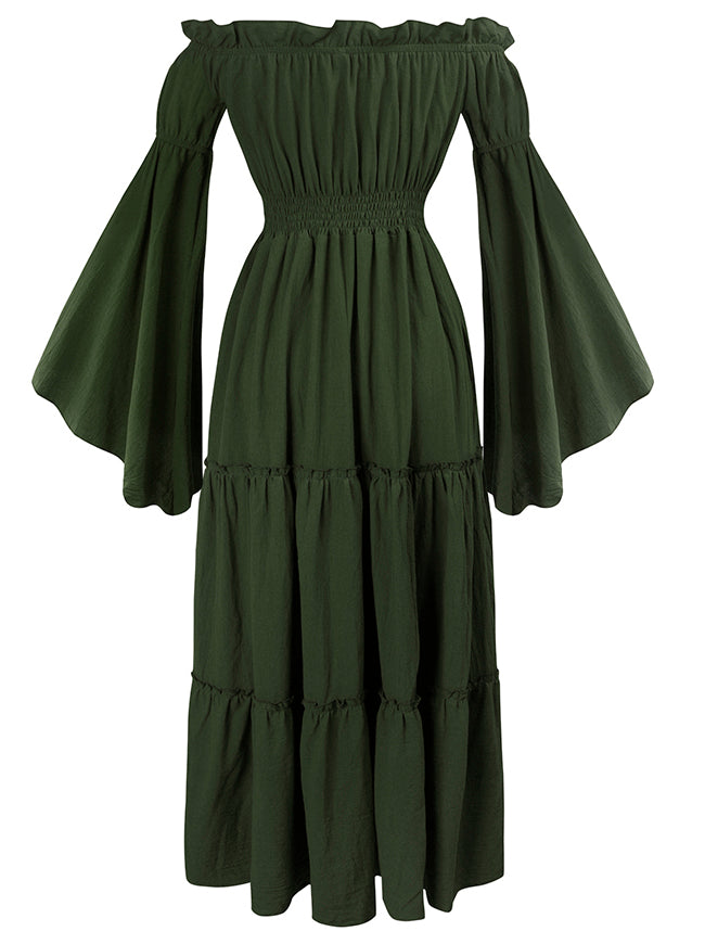 Renaissance Medieval Off-Shoulder Smocked Peasant Dress with Long Sleeves Green / M / Fit Bust: 47.2