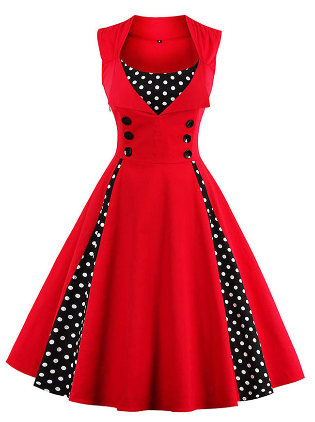 Women's Vintage Polka Dot Print A-Line Sleeveless Cocktail Party Casual Dress Red Main Image
