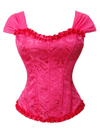 Corsé victoriano vintage de brocado para mujer con mangas cortas con volantes, cierre de cordones y cremallera, color rosa. Imagen principal.