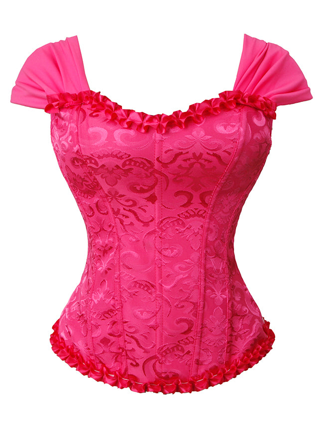 Corsé victoriano vintage de brocado para mujer con mangas cortas con volantes, cierre de cordones y cremallera, color rosa. Imagen principal.
