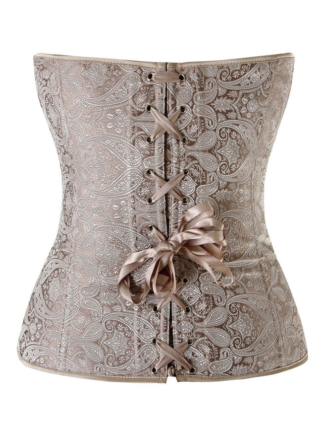 Women's Renaissance Strapless Jacquard Lace Up Wedding Bustier Overbust Corset Ivory Back View