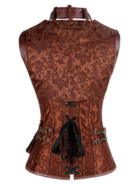 Gothic-Korsett für Damen mit spiralförmiger Stahlverstärkung, hohem Kragen, Taillenformer, Jacke und Gürtel, braun, Rückansicht