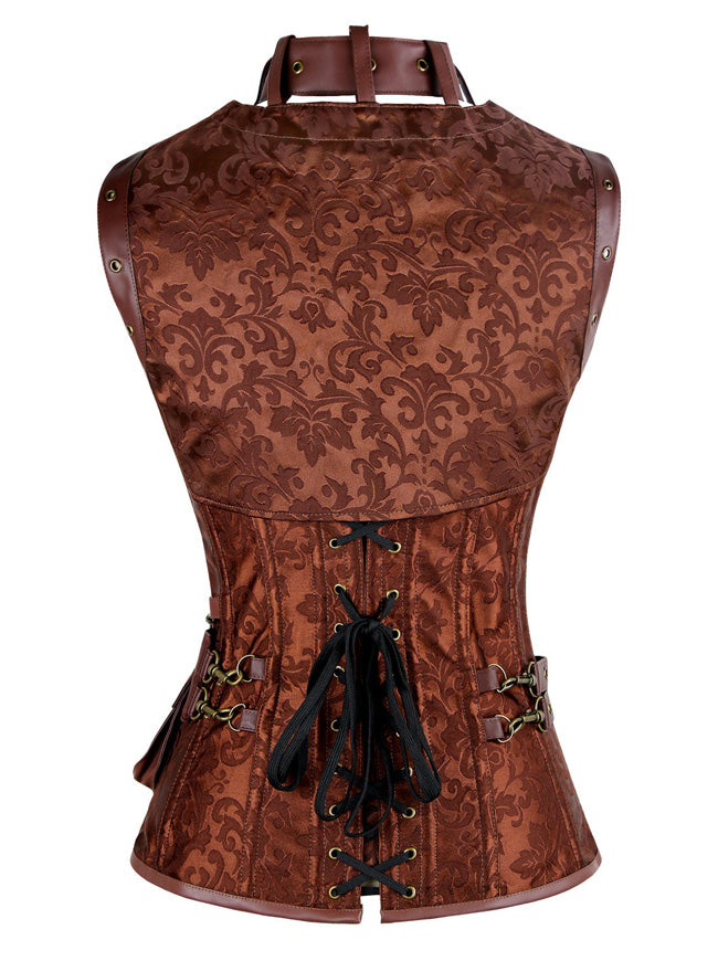 Gothic-Korsett für Damen mit spiralförmiger Stahlverstärkung, hohem Kragen, Taillenformer, Jacke und Gürtel, braun, Rückansicht