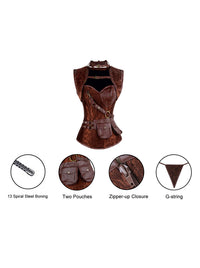 Damenmode Spiral Steel Boned High Neck Sanduhr Korsett mit Jacke und Gürtel Braun Detailansicht