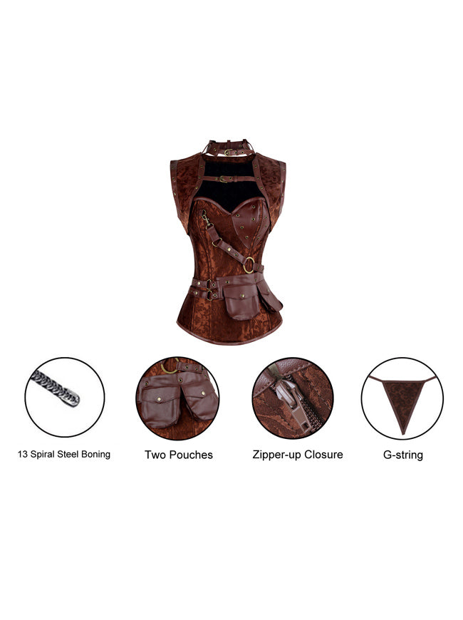 Damenmode Spiral Steel Boned High Neck Sanduhr Korsett mit Jacke und Gürtel Braun Detailansicht