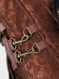 مشد نسائي ذو رقبة عالية من الصلب بتصميم لولبي ريترو مع سترة وحزام بني لعرض التفاصيل