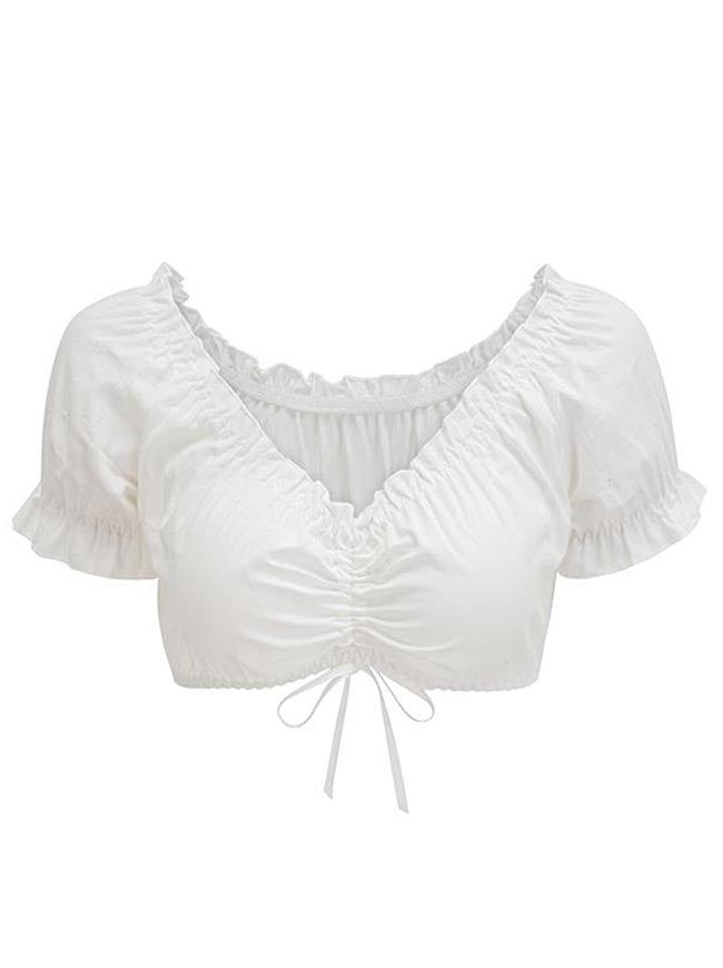 Charmian Qadın Vintage Off Çiyinli Qısaqol Köynək Bluza Crop Top Ağ Əsas Şəkil