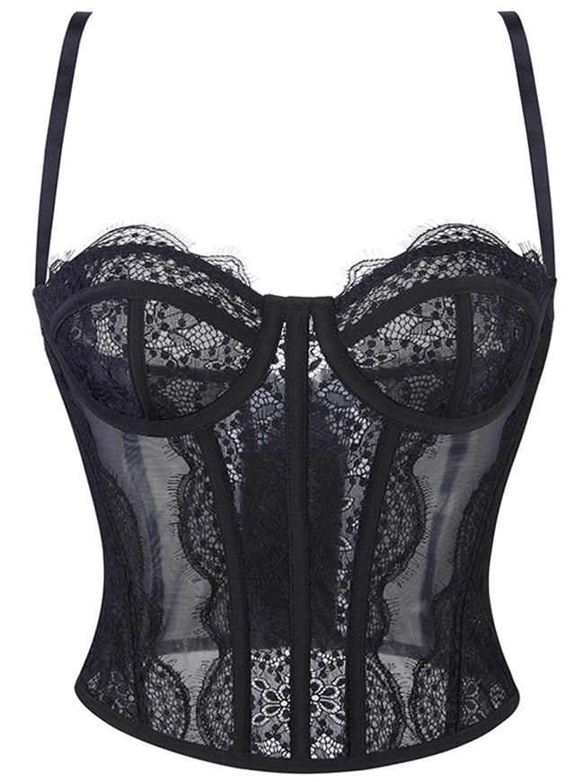 Y2K Lace Mesh Boned Bustier Corset Top with Spaghetti Straps