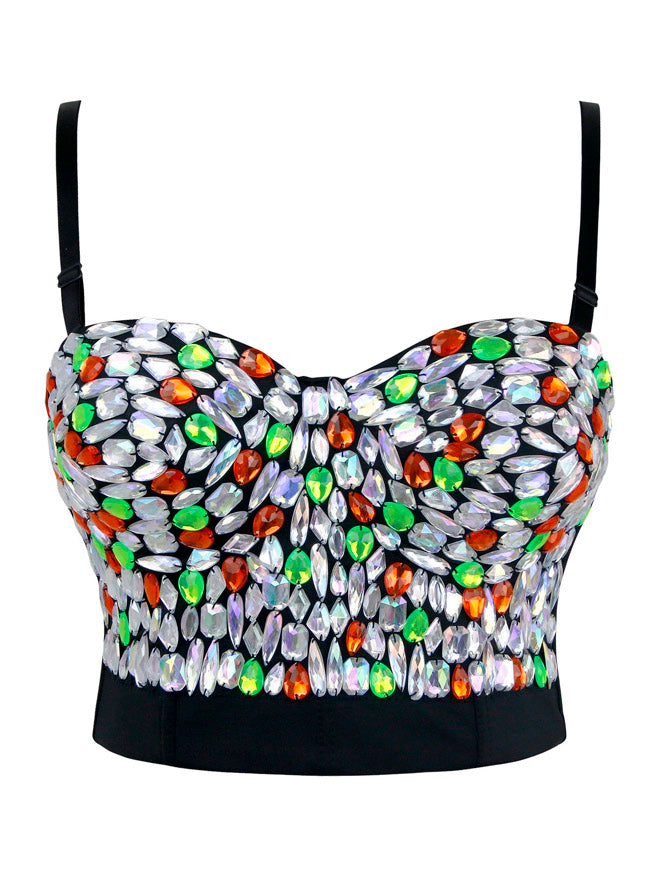 Damen-Push-up-BH mit Strasssteinen, Perlenbesatz, besetzt mit Strasssteinen, Clubwear-Party-Bustier, Crop-Top, mehrfarbig (Hauptbild)