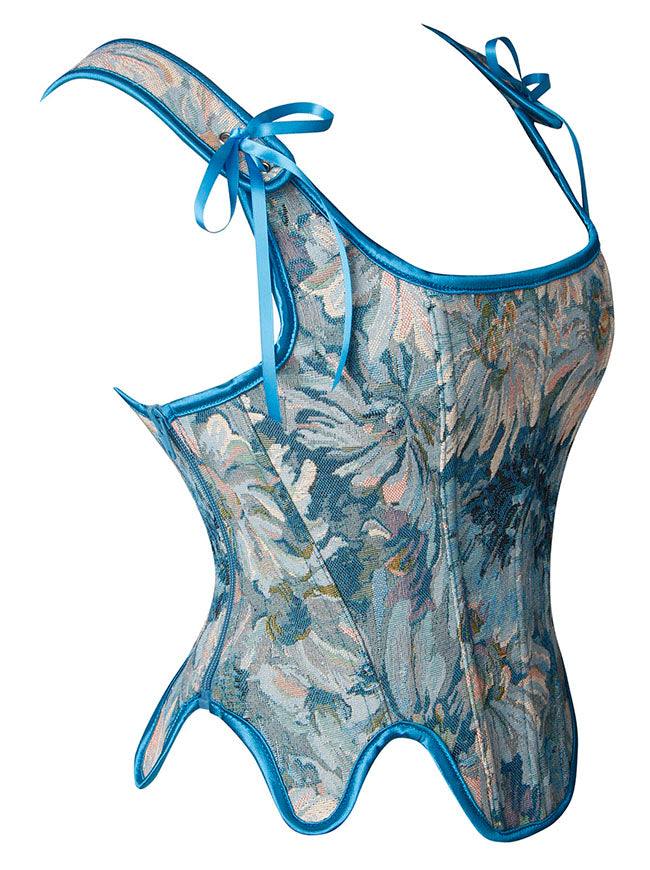 Renaissance Victorian Jacquard Overbust Sleeveless blue Corset Crop Top Side View