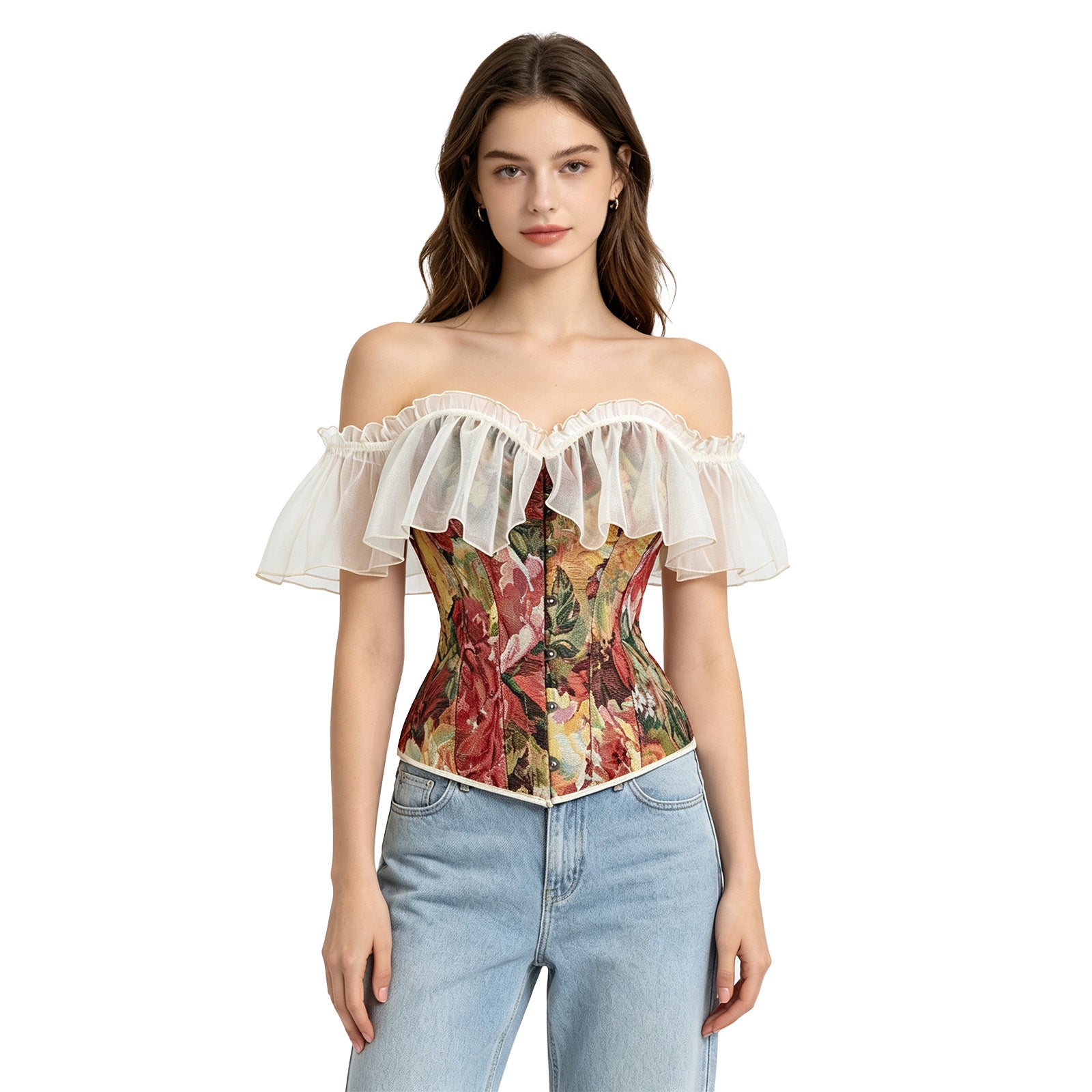 Women Overbust Floral Corset Off Shoulder Corset Model View