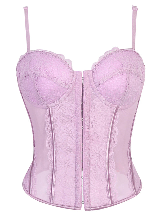 Charmian Women's Y2K Lace Mesh Corset Top with Adjustable Straps Purple Main Image