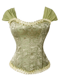 Corsé de mujer estilo victoriano vintage de brocado con volantes, mangas cortas, cierre de cordones y cremallera, color verde (imagen principal)