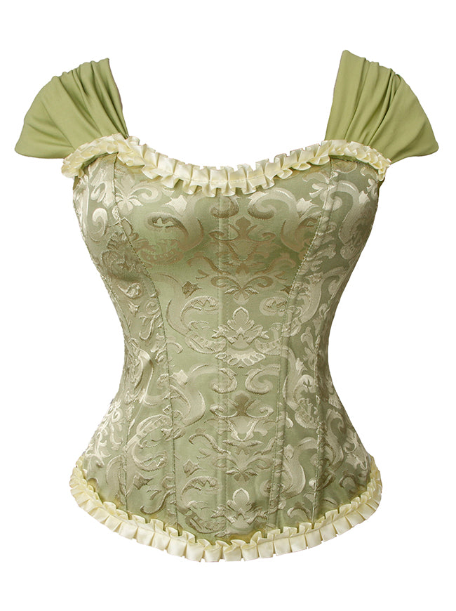 Corsé de mujer estilo victoriano vintage de brocado con volantes, mangas cortas, cierre de cordones y cremallera, color verde (imagen principal)