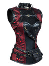 Corset Steampunk en acier pour femmes avec crânes désossés à col haut avec veste vue de côté noir-rouge