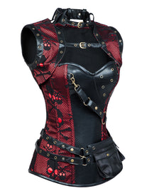 Corsé de cuello alto con estampado de calaveras deshuesadas de acero Steampunk para mujer con chaqueta Negro-Rojo Vista lateral