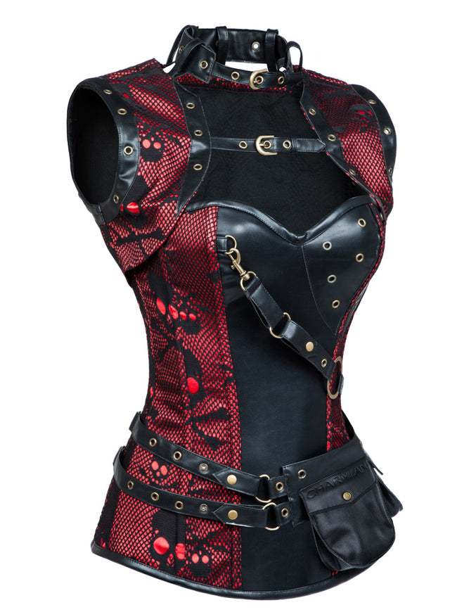 Corsé de cuello alto con estampado de calaveras deshuesadas de acero Steampunk para mujer con chaqueta Negro-Rojo Vista lateral