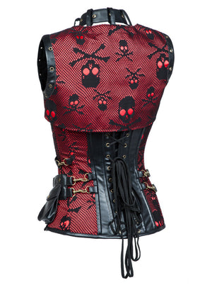 Women's Gothic Steel Boned Skulls Print High Neck Waist Cincher Corset with Jacket Black-Red Back View