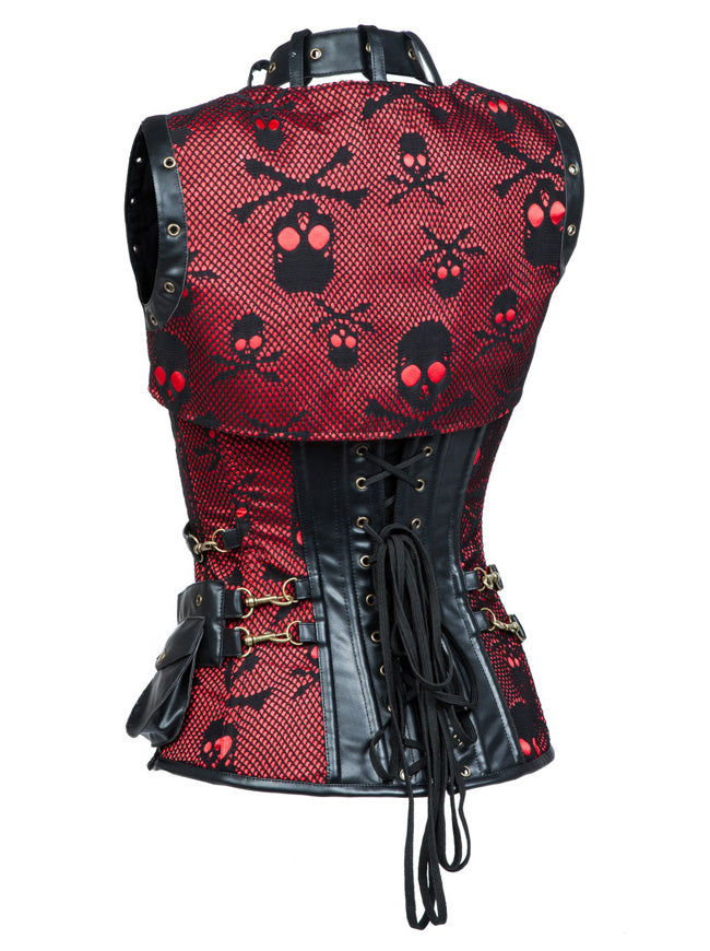 Corsé de cintura alta con estampado de calaveras deshuesadas de acero gótico para mujer con chaqueta Negro-Rojo Vista posterior
